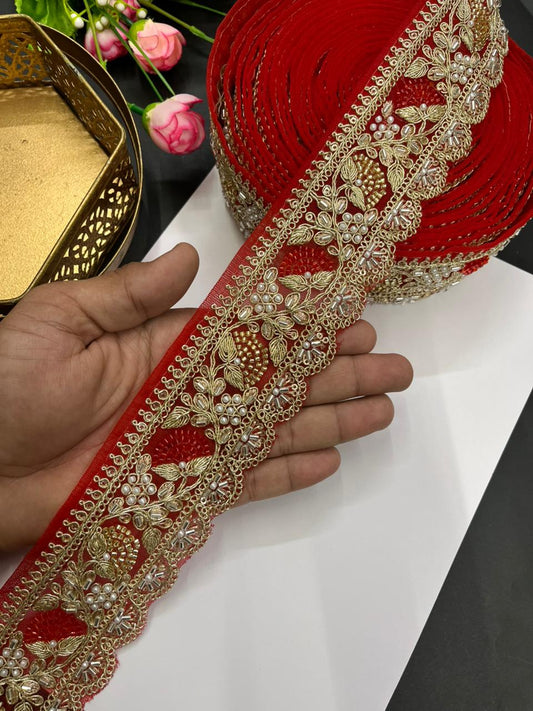 Designer Beaded Net Based Maggam Work Lace for Sarees – Premium 2 Inch Hand-Embellished Border for Lehengas & Bridal Wear (9 Meter) | Red