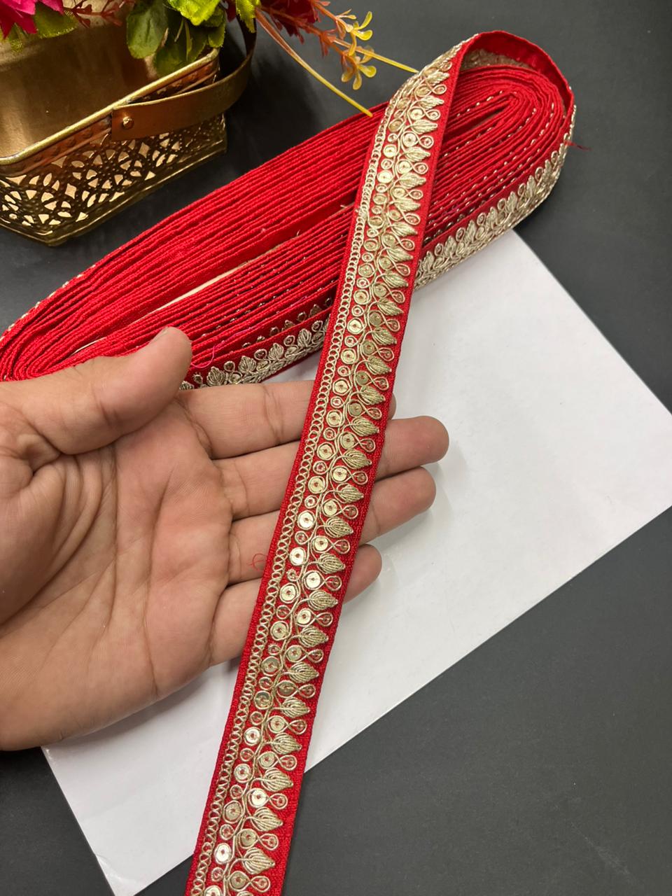 Zari Embroidered Silk Lace – Premium Designer Border for Sarees, Lehengas & Dupattas (9 Meter, 1 Inch Width) | Red