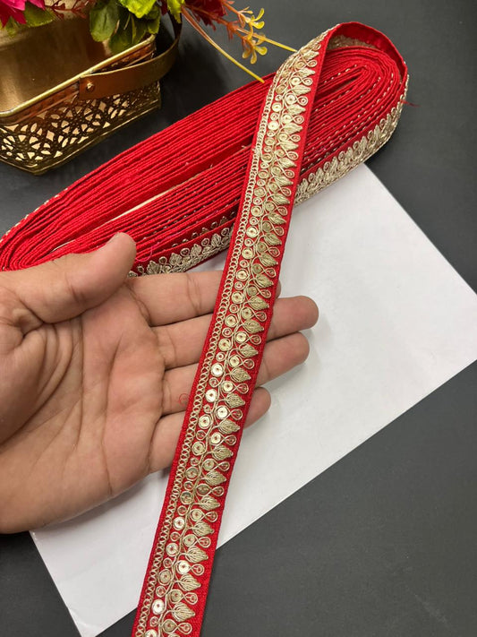 Zari Embroidered Silk Lace – Premium Designer Border for Sarees, Lehengas & Dupattas (9 Meter, 1 Inch Width) | Red