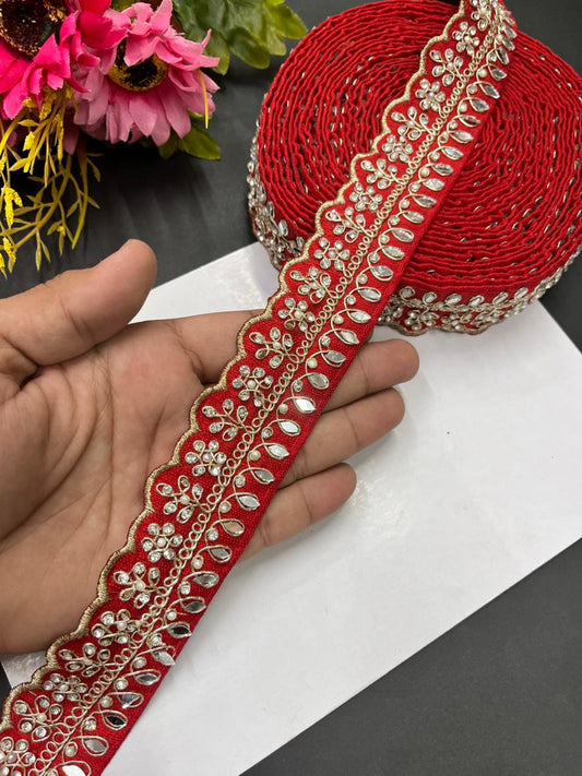 Luxurious Mirror Work with Diamond Laces – Designer Maggam Work Borders for Sarees, Lehengas & Dupattas (9 Meter, 1.5 Inch Width) | Red