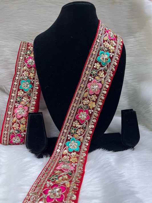 Embroidered Beaded Sequins Lace Borders on Net Fabric – 9 Meters, 2.5-Inch Maggam Work Trim for Sarees & Lehengas | Red