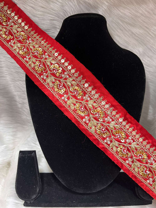 Exclusive Beaded Embroidered Lace – 9 Meters, 2-Inch Maggam Work Border Trim for Sarees & Lehengas | Red