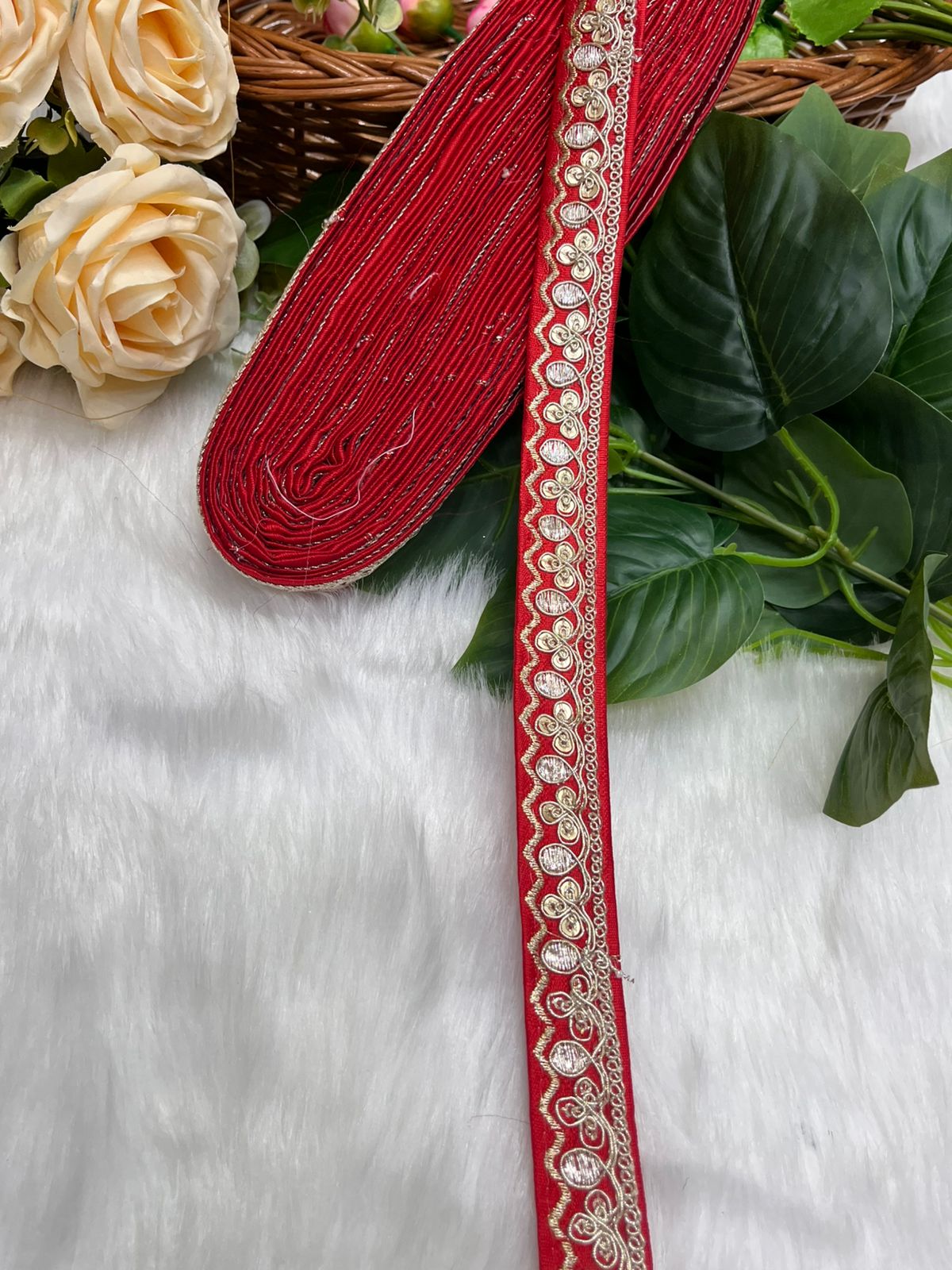 Gold Zari Work Embroidery Lace Borders - Perfect for Sarees, Dupattas, Lehengas, and Craft Projects | Red