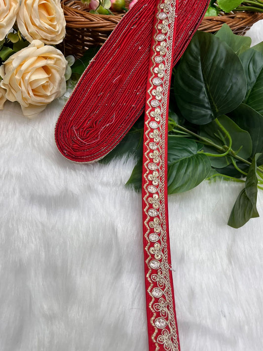 Gold Zari Work Embroidery Lace Borders - Perfect for Sarees, Dupattas, Lehengas, and Craft Projects | Red