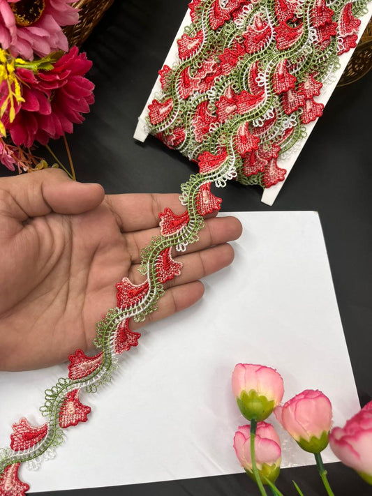 Imported Guipure Cotton Multicoloured Lace & Trims – Designer Border for Sarees, Lehengas & Dupattas (9 Meter, 1 Inch Width) | Red