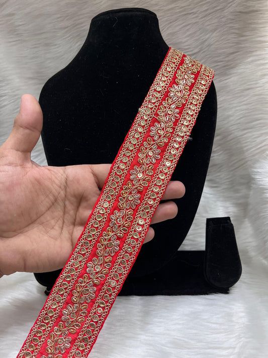 Maggam Work Lace for Saree and Dupatta | Katdana Handmade Lace – 9 Meters, 2-Inch Width | Red