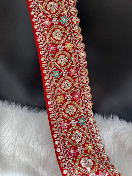 Vibrant Cutdana Beaded Embroidered Lace Border for Sarees and Lehengas – 9 Meters, 3-Inch Width | Red