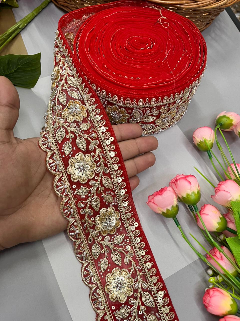 Designer Bridal Saree Lace Border – Premium 3 Inch Handcrafted Maggam Work Decorative Border for Wedding & Festive Wear (9 Meter) | Red
