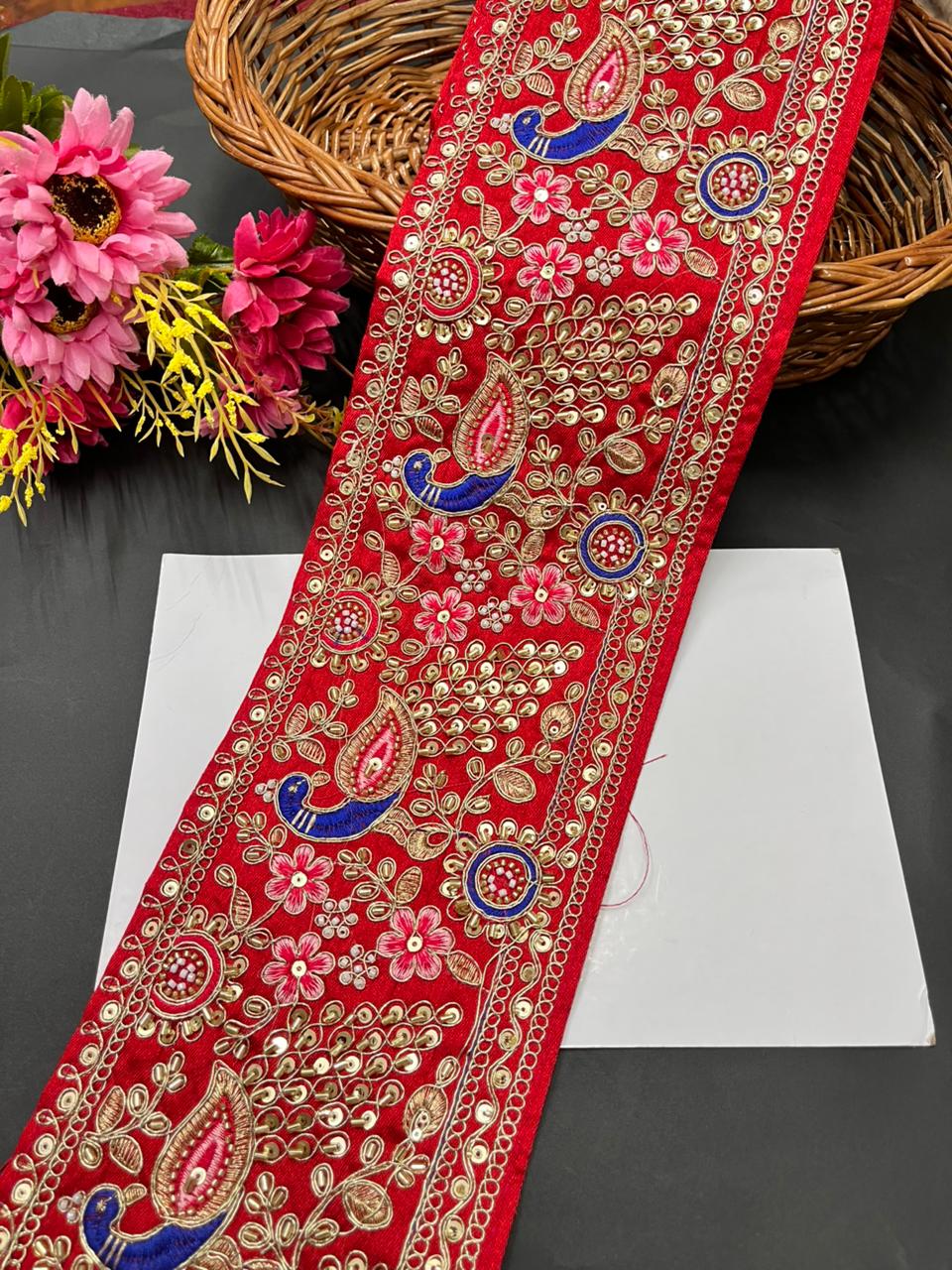 Peacock Face Bridal Lehenga Borders – Heavy Designer Embroidered Trim for Bridal Lehengas, Dupattas & Sarees (9 Meter, 5.5 Inch Width) | Red