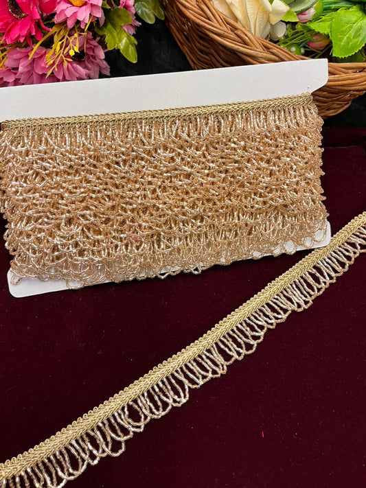 Designer Cutdana Hanging Lace for Sarees, Lehengas & Dupattas – Premium Latkan Lace Border with Cutdana Work (1 Inch) | Rose Gold