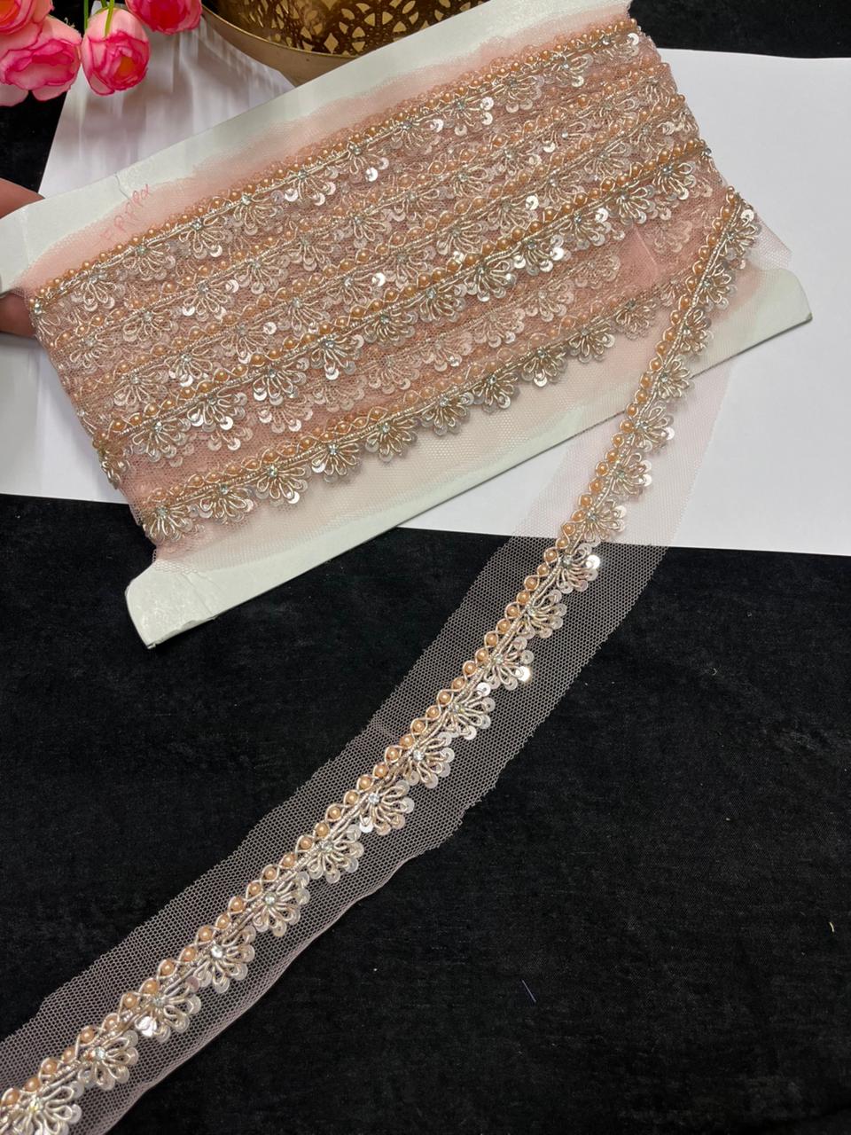 Handcrafted Sequins Lace for Sarees, Kurtis & Dresses – Designer Handmade Embroidered Lace Border (1 Inch) | Rose Gold