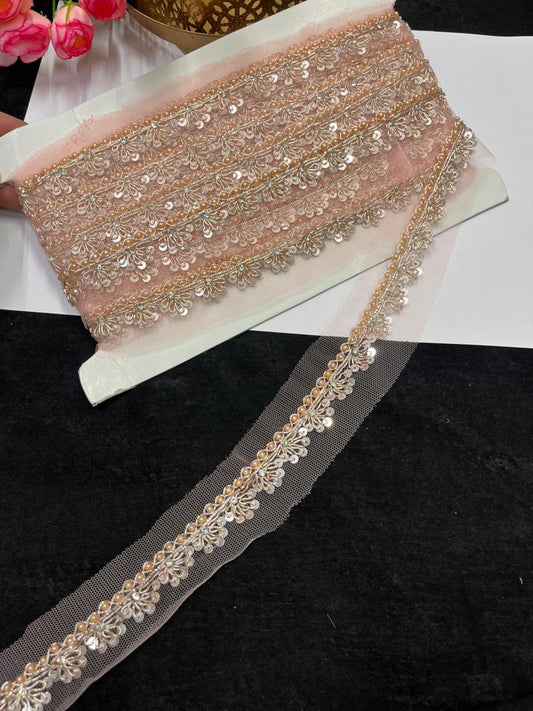 Handcrafted Sequins Lace for Sarees, Kurtis & Dresses – Designer Handmade Embroidered Lace Border (1 Inch) | Rose Gold