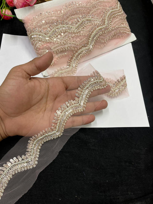 Scalloped Sequins Zardozi Lace on Net Fabric for Sarees, Kurtis & Dresses – Designer Handmade Embroidered Lace Border (1 Inch) | Rose Gold