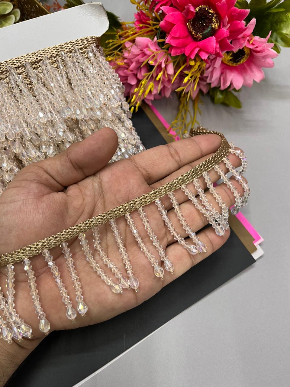 Handmade Crystal Hanging Lace Trim – Designer Crystal Tassel Latkan Lace Border for Sarees, Dupattas & Lehengas (9 Meter, 2 Inch Width) | Rose Gold