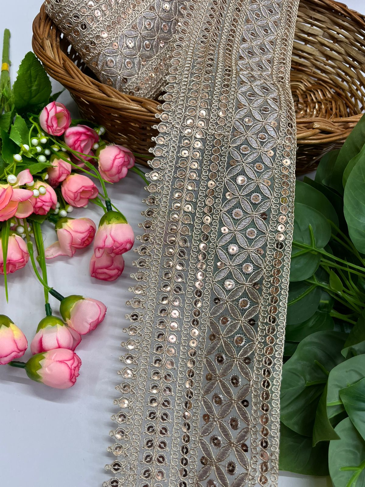 Embroidered Lace Design, Sewing Craft Ribbon, Saree Lace - 9 Meter (4 Inch Width, Rose Gold)