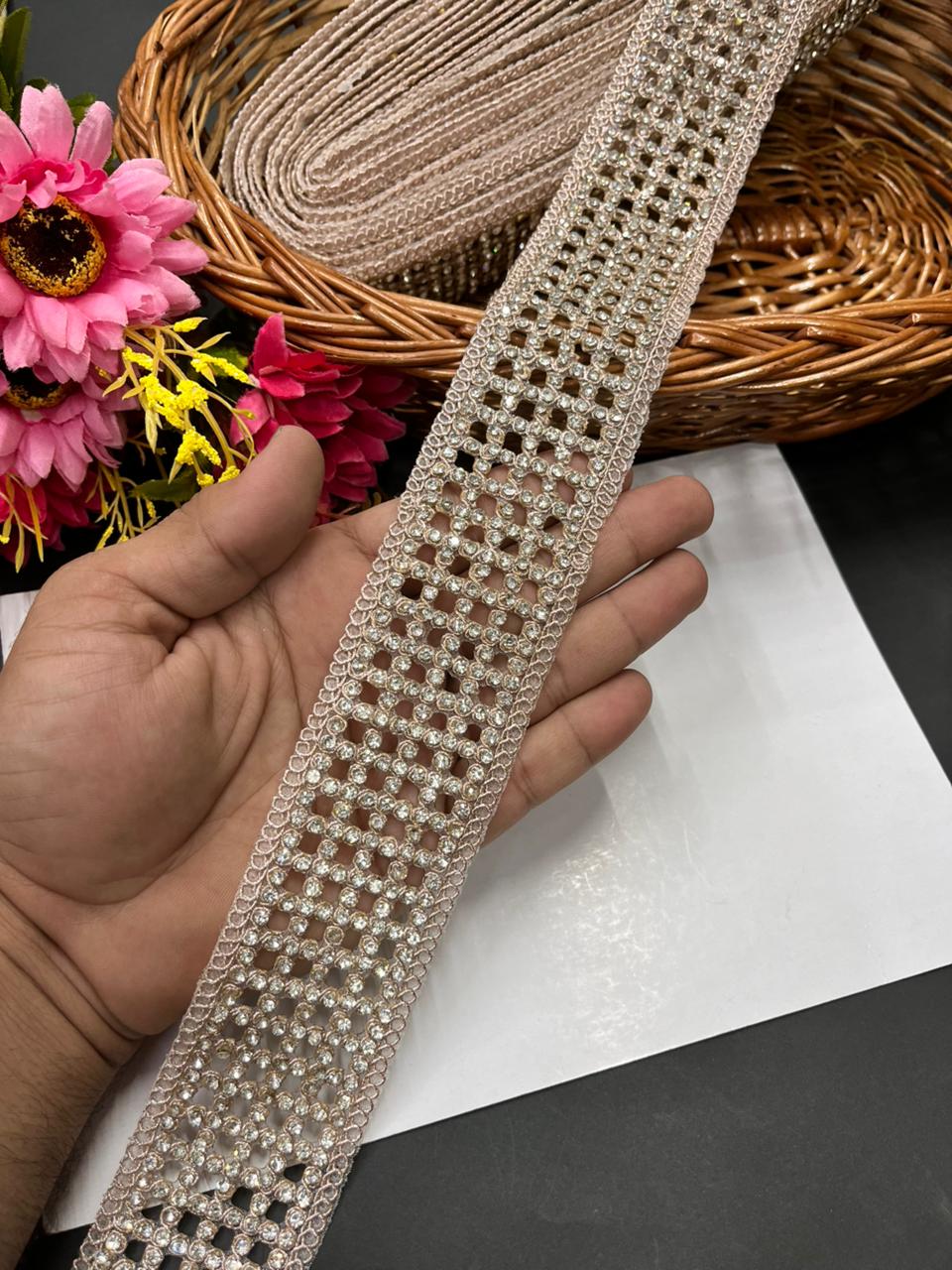 Diamond Cutwork Laces – Premium Gold Embroidery Borders for Sarees, Lehengas & Dupattas (9 Meter, 2 Inch Width) | Rose Gold