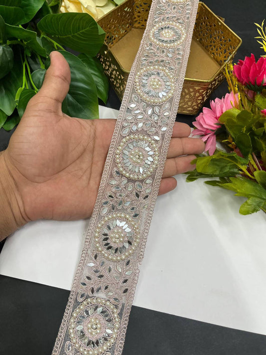 Mirror & Pearl Work Designer Saree Laces – 9 Meter Embellished Border Trim for Lehengas & Dupattas | Rose Gold