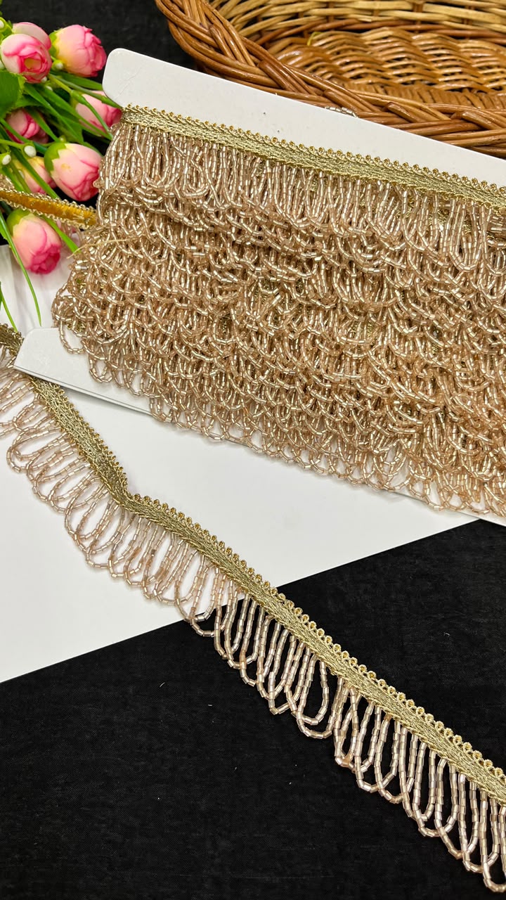 Handmade Cutdana Latkan Lace for Sarees, Lehengas, Dupattas & Blouses – Designer Handcrafted Cutdana Hanging Lace Border (1 Inch) | DC1067 | Rose Gold