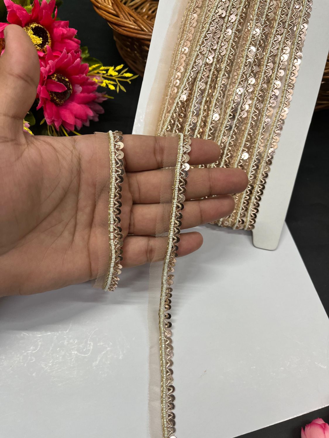 Handmade Sequence Lace with Pearl – Elegant Designer Border Trim for Sarees, Lehengas & Ethnic Dresses (9 Meter, 0.5 Inch Width) | Rose Gold