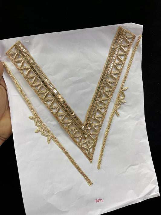 Premium Quality Zardozi Work Neck Patches – Designer Ethnic Neck Patch for Kurti, Suits & Bridal Wear | Rose Gold