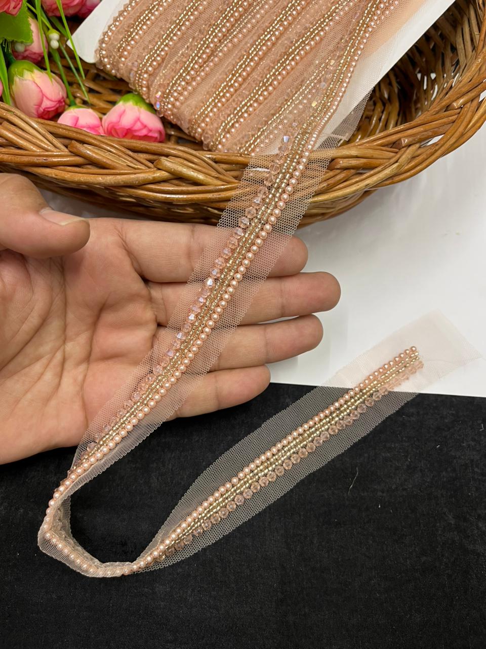 Luxurious Crystal with Pearl Handcrafted Lace – Premium Designer Handmade Lace | Rose Gold