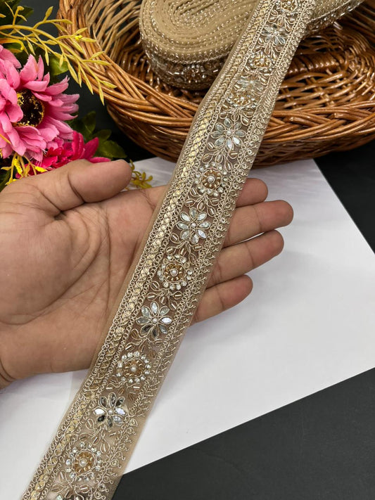 Elegant Real Mirror Lace with Rhinestone – Premium 1.5 Inch Designer Mirror Work Border for Sarees, Dupattas & Lehengas (9 Meter) | Rose Gold