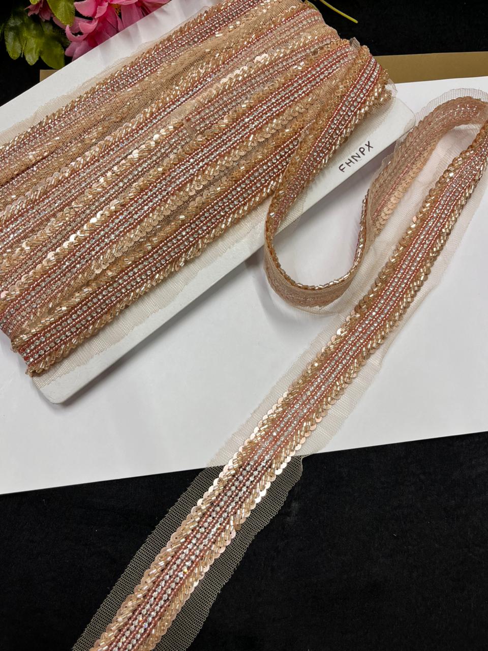 Handmade Sequins Diamond Lace on Net Fabric for Sarees, Kurtis & Dresses – Designer Embroidered Lace Border (1.5 Inch) | Rose Gold