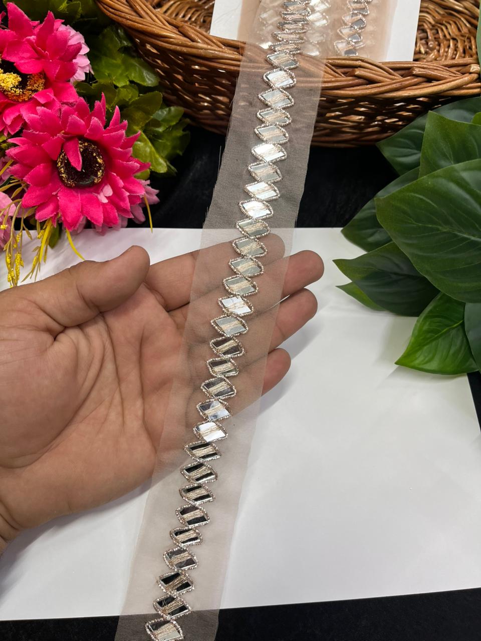 Real Mirror Handwork Lace – Premium Half Inch Handmade Decorative Border for Ethnic & Festive Wear (9 Meter) | Rose Gold