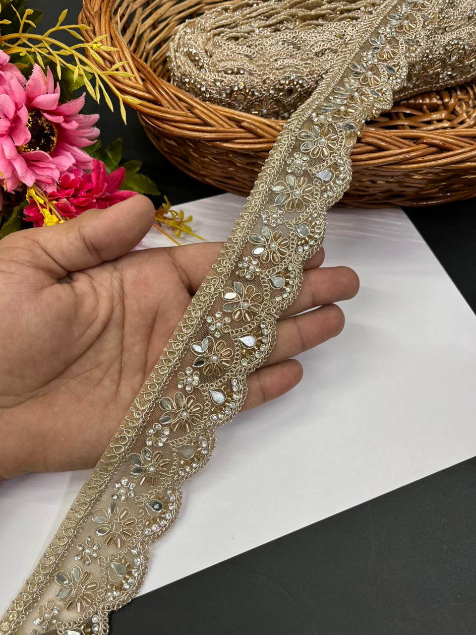 Elegant Real Mirror Lace with Rhinestone – Premium 1.5 Inch Designer Mirror Work Border for Sarees, Dupattas, Lehengas & Couture Wear (9 Meter) | Rose Gold