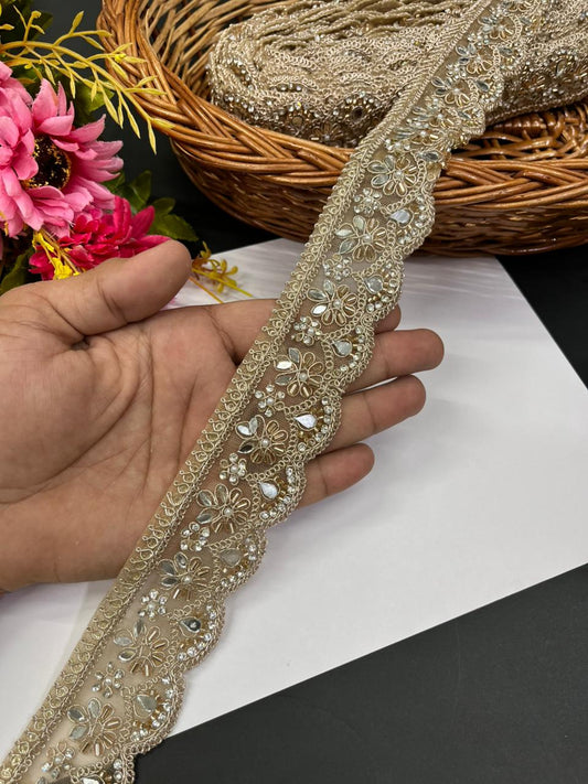 Elegant Real Mirror Lace with Rhinestone – Premium 1.5 Inch Designer Mirror Work Border for Sarees, Dupattas, Lehengas & Couture Wear (9 Meter) | Rose Gold