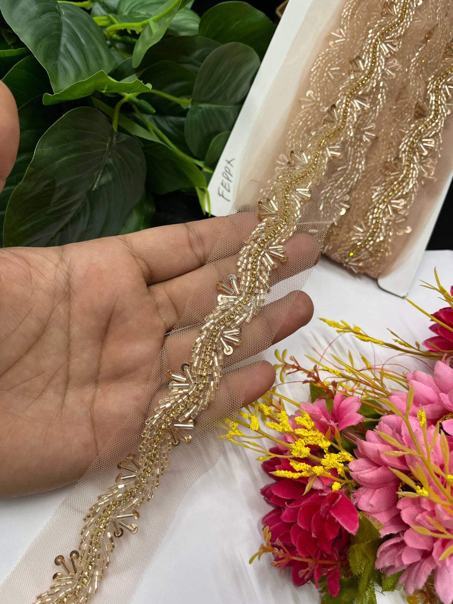 Handcrafted Cutdana & Diamond Lace Border on Net Fabric – 9 Meters, 1-Inch Embellished Trim for Sarees & Lehengas | Rose Gold