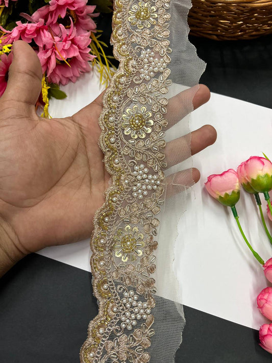 Beaded & Pipe Work Designer Lace Border – Intricate Detailing for Ethnic Wear (9 Meter) | Rose Gold