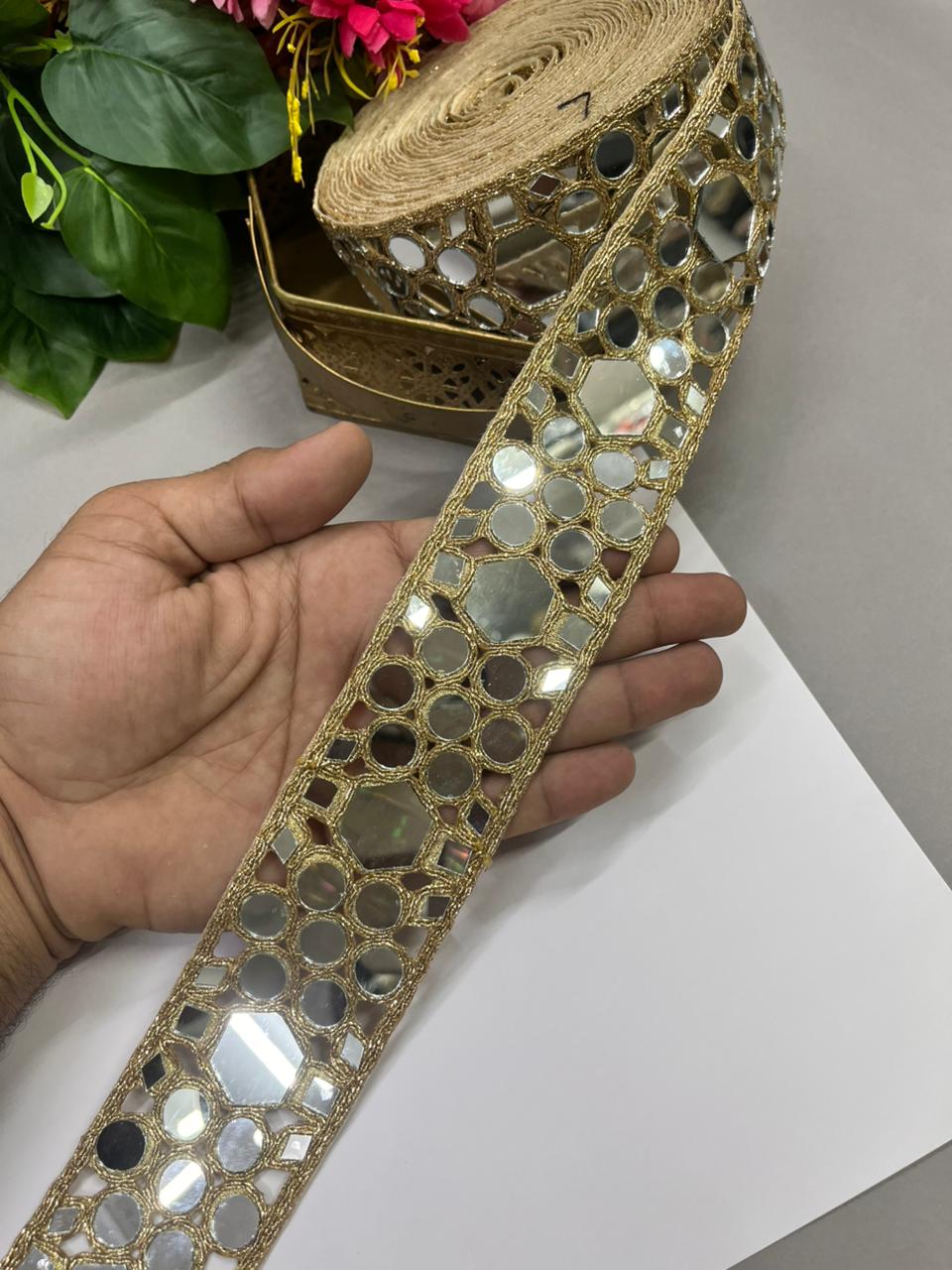 Beautiful Mirror Laces – Elegant 2 Inch Decorative Border for Sarees, Dupattas & Ethnic Wear (9 Meter) | Rose Gold