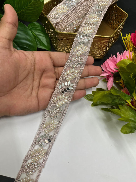 Mirror & Pearl Work Designer Saree Lace – 9 Meter Premium Border Trim for Sarees, Lehengas & Dupattas | Rose Gold
