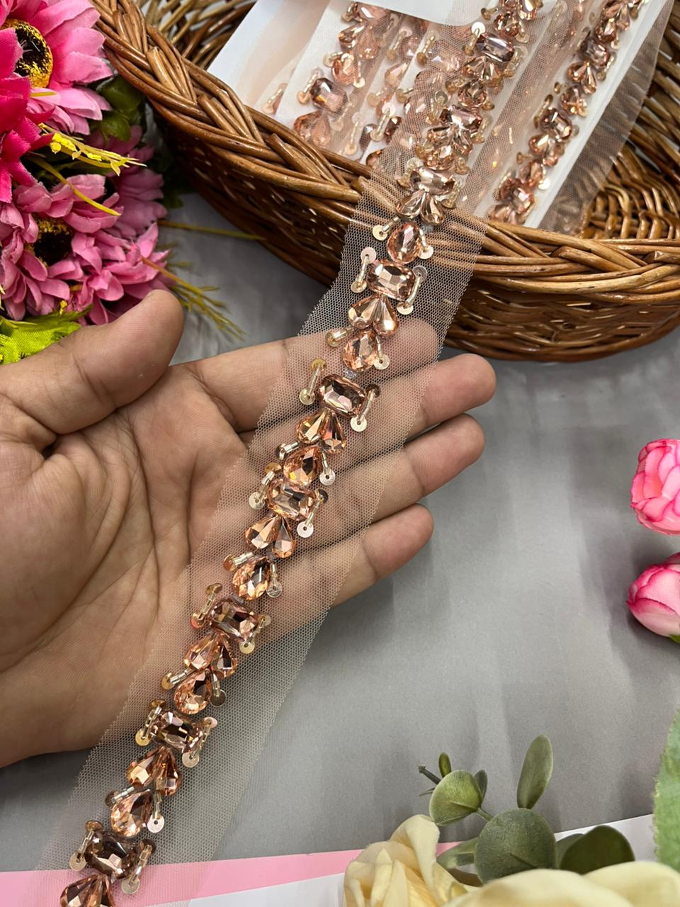Handmade Crystal Lace – Premium 1 Inch Handcrafted Decorative Border for Sarees, Dresses & Ethnic Wear (9 Meter) | Rose Gold