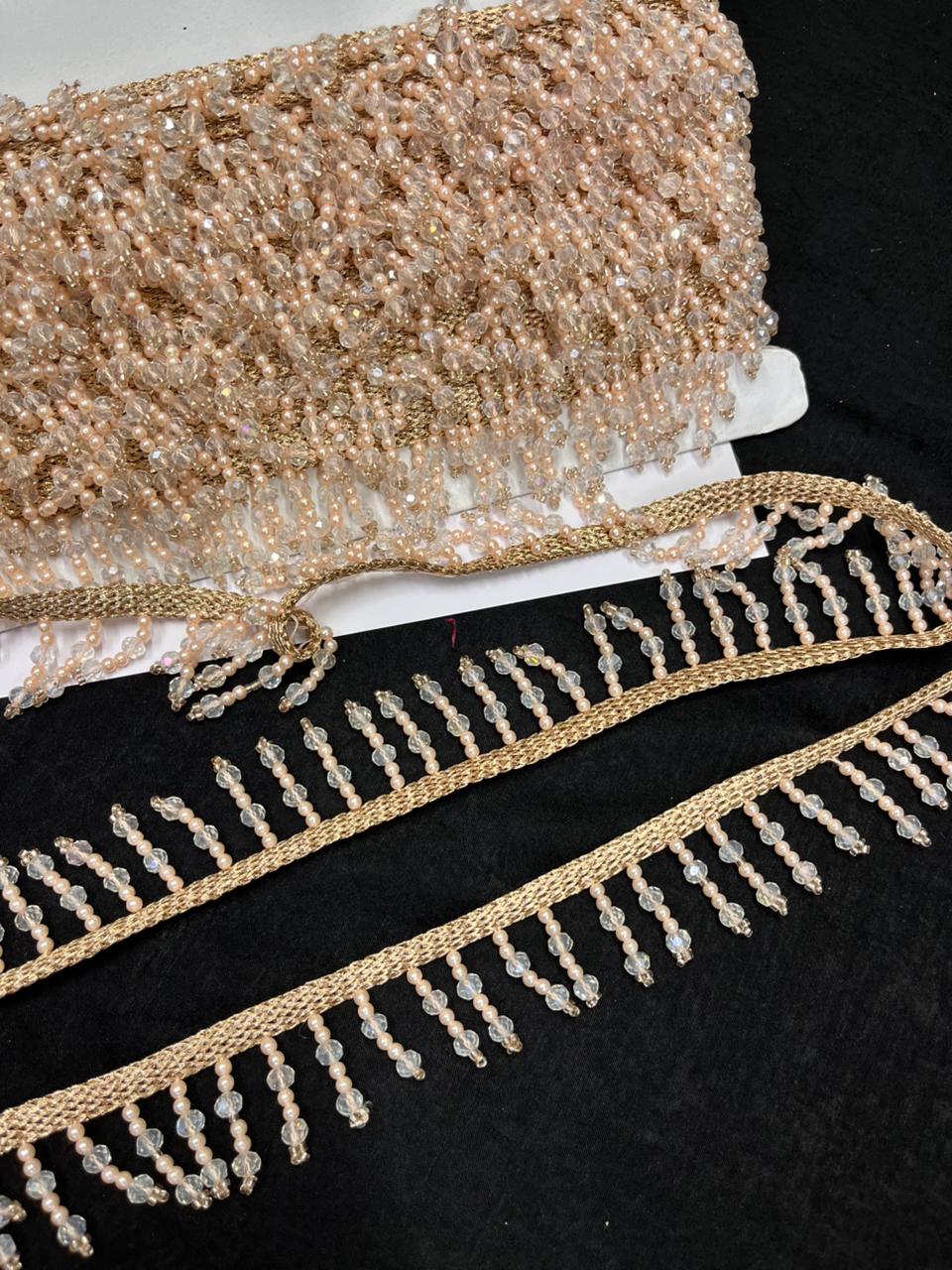 Beautiful Crystal Hanging Lace with Pearls – Premium Designer Latkan Lace | Rose Gold