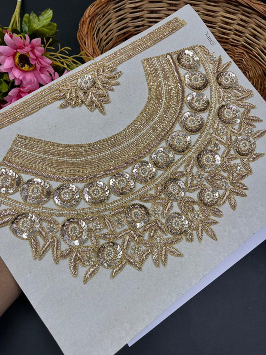 Handwork Zardozi Neck Patch With Sleeves – Luxury Embroidered Neckline for Kurtis, Blouses, Suits & Designer Ethnic Wear | Rose Gold