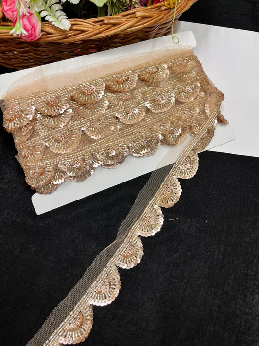 Luxurious Scalloped Beaded Handcrafted Lace – Premium Handmade Designer Lace | Rose Gold