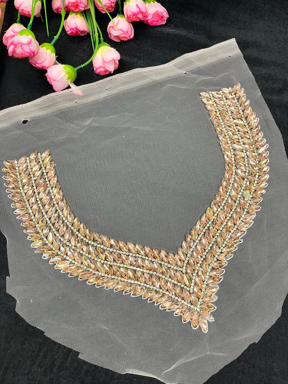 Handmade Crystal Neck Patch for Kurtis, Dresses & Blouses – Designer Handcrafted Crystal Embellished Neckline Applique | DC1041 | Rose Gold