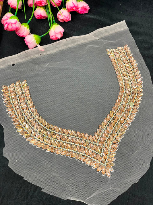 Handmade Crystal Neck Patch for Kurtis, Dresses & Blouses – Designer Handcrafted Crystal Embellished Neckline Applique | DC1041 | Rose Gold
