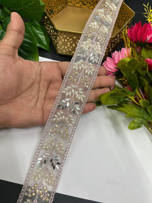 Mirror & Pearl Work Designer Saree Laces – 9 Meter Elegant Embellished Border for Sarees, Lehengas & Dupattas | Rose Gold