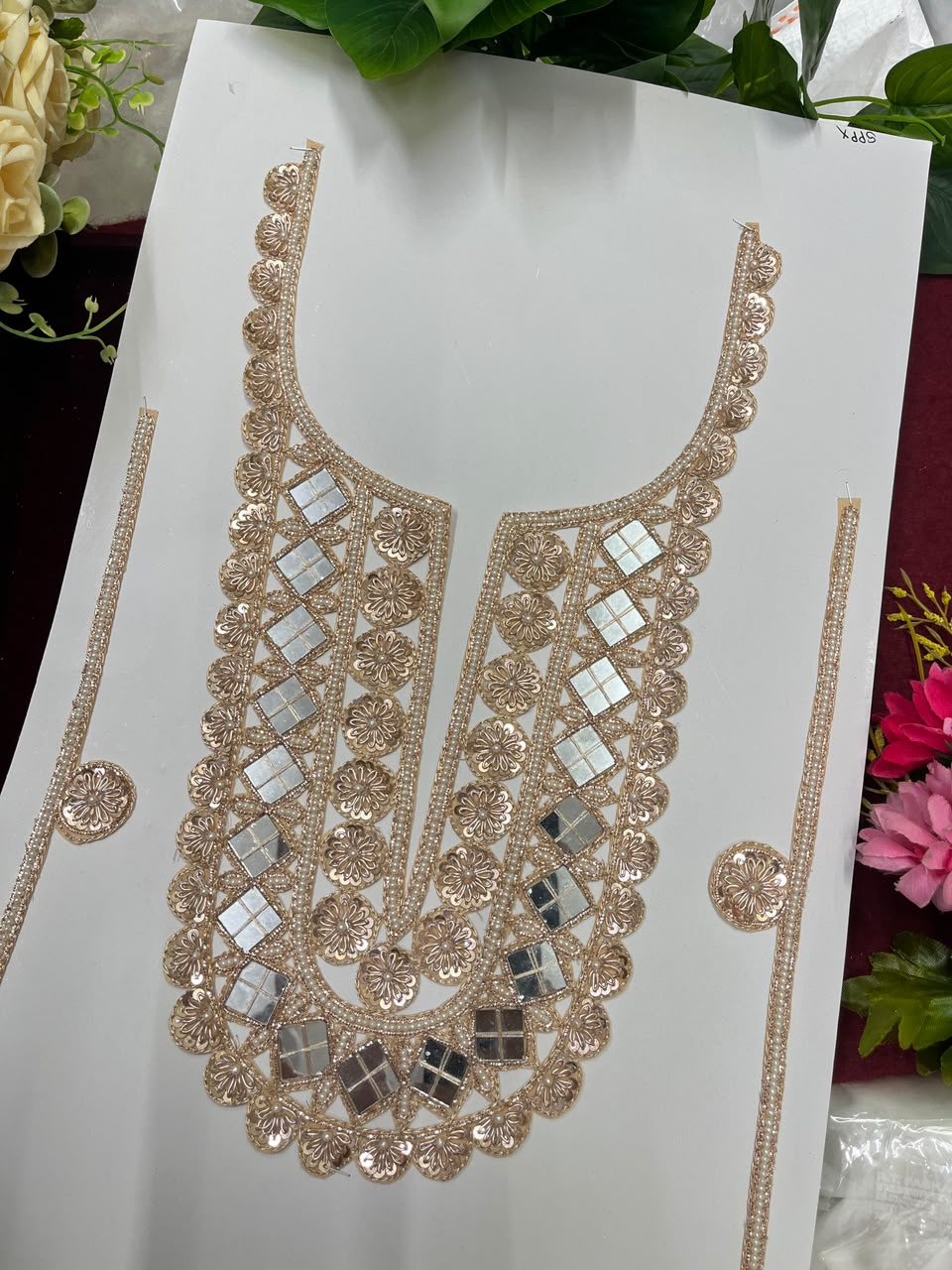 Handmade Mirror Work Neck Patch for Kurtis, Dresses & Blouses – Designer Handcrafted Mirror Neckline Applique | DC1005 | Rose Gold