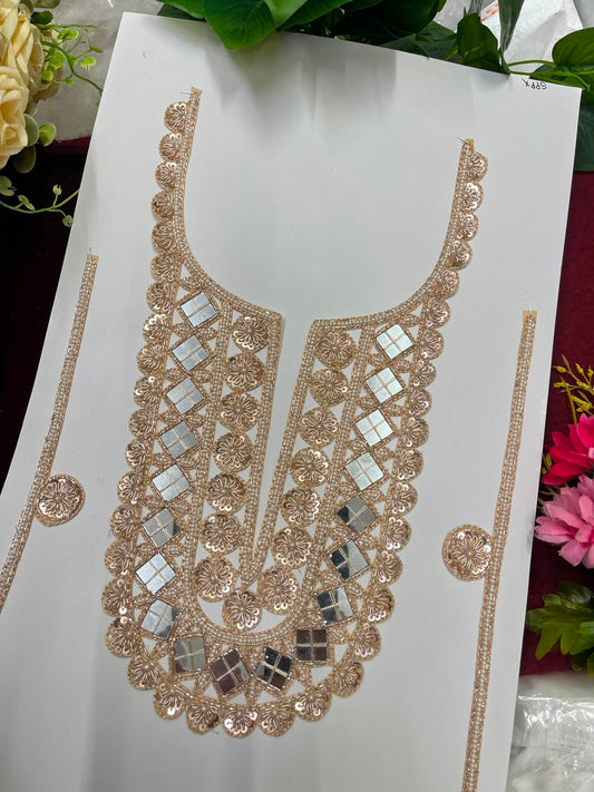 Handmade Mirror Work Neck Patch for Kurtis, Dresses & Blouses – Designer Handcrafted Mirror Neckline Applique | DC1005 | Rose Gold