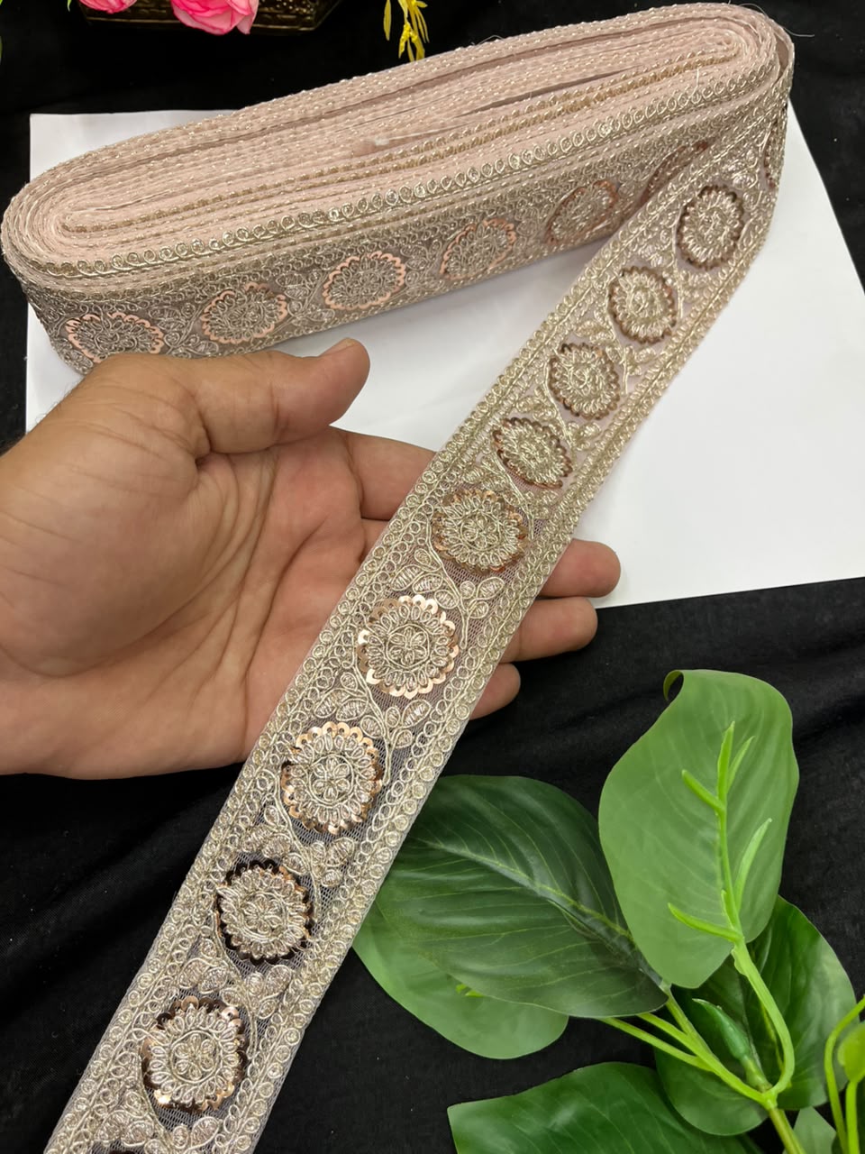 Golden Zari Embroidered Lace on Net Fabric for Sarees, Lehengas & Dupattas – Designer Embroidered Lace Border (1.5 Inch) | Rose Gold
