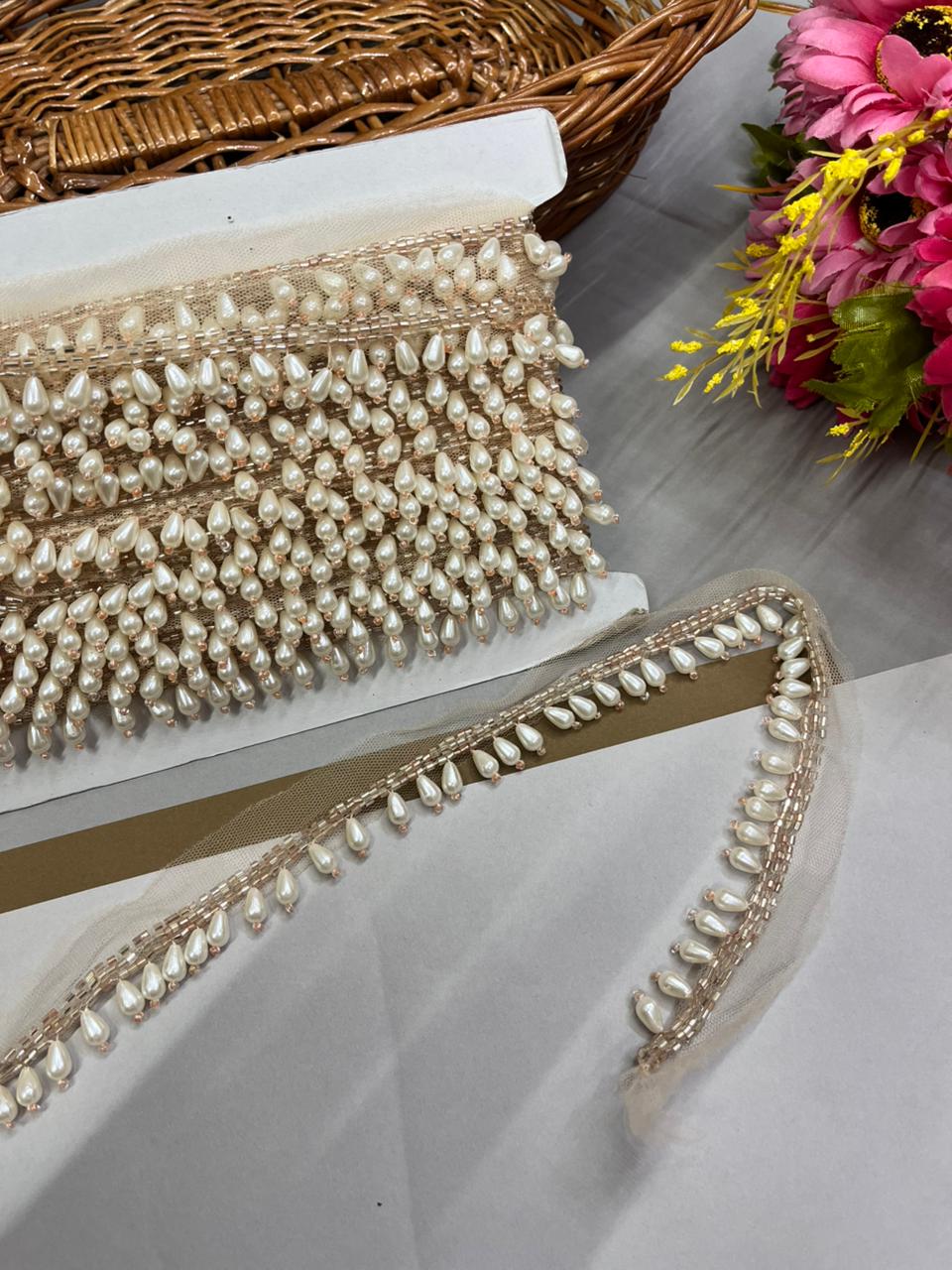 Pearl Drop Hanging Lace for Bridal Blouses & Dupattas – Elegant 1 Inch Latkan Style Decorative Border for Wedding & Festive Wear (9 Meter) | Rose Gold