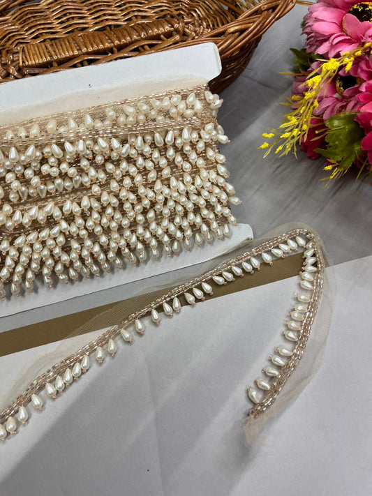 Pearl Drop Hanging Lace for Bridal Blouses & Dupattas – Elegant 1 Inch Latkan Style Decorative Border for Wedding & Festive Wear (9 Meter) | Rose Gold