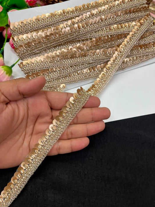 Sequence Embroidered Lace for Garments, Sarees, Lehengas & Dupattas – Designer Gold Embroidery Lace Border (Half Inch) | DC1035 | Rose Gold