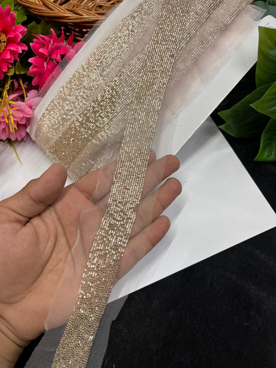 Handcrafted Katdana Border – Premium 1 Inch Handmade Decorative Lace for Bridal & Ethnic Wear (9 Meter) | Rose Gold