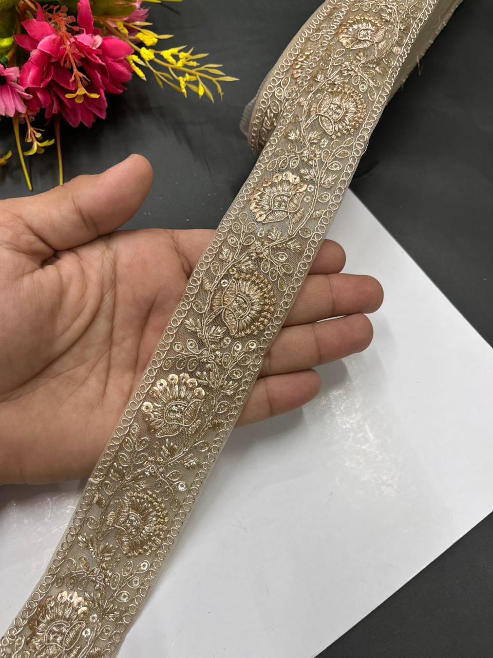 Sequins Work Zari Embroidered Laces – Premium Designer Borders for Sarees, Lehengas & Dupattas (9 Meter, 1.5 Inch Width) | Rose Gold