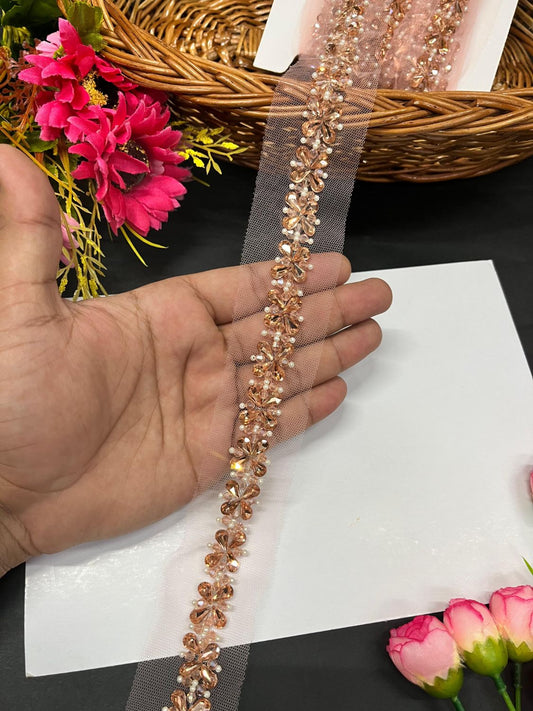 Beautiful Handmade Flower Design Crystal Heavy Lace Border – Elegant Designer Trim for Sarees, Lehengas & Ethnic Wear (9 Meter, 1 Inch Width) | Rose Gold